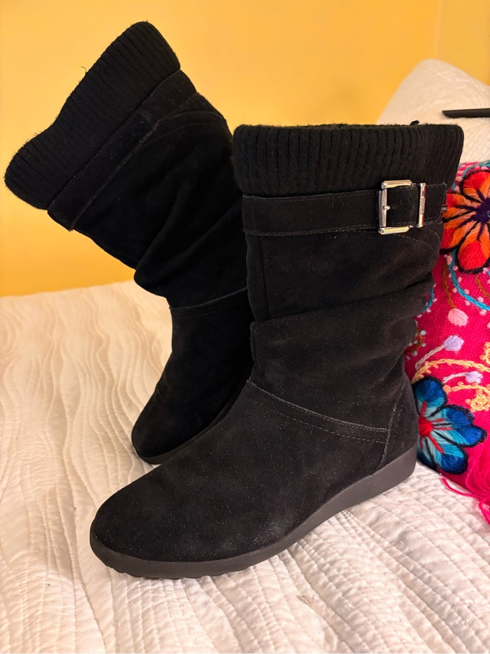 Cougar Black Suede Mid-Calf Boot with Knit Cuff and Buckle